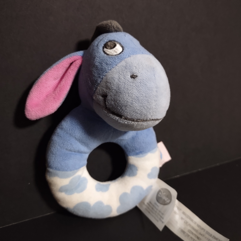 4/$20 Disney Eeyore Blue and Pink Plush Ring Rattle Toy